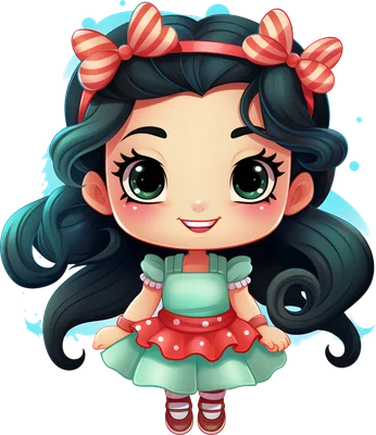 Hình vẽ cô bé chibi dễ thương với mái tóc đen, đôi mắt xanh lá to tròn, mặc váy xanh mint và tạp dề chấm bi đỏ, cài nơ sọc đỏ trên tóc.