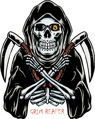 Hình minh họa thần chết Grim Reaper mặc áo choàng đen cầm hai lưỡi hái bắt chéo phong cách hoạt hình