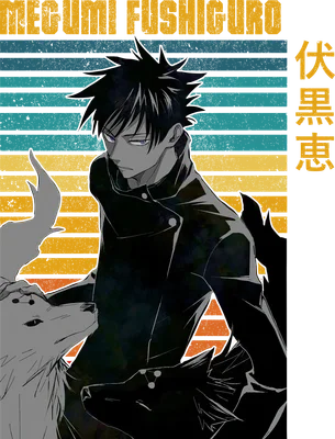 Hình ảnh Megumi Fushiguro từ Jujutsu Kaisen đứng cạnh hai chú sói, với nền sọc ngang màu vàng và xanh.