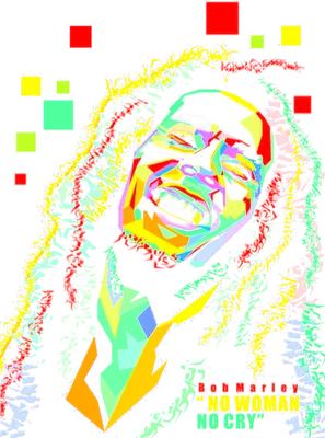 Hình ảnh chân dung Bob Marley với phong cách pop art, sử dụng nhiều màu sắc rực rỡ và các khối hình học.