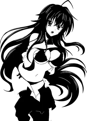 Hình ảnh anime cô gái tóc dài đen, mặc bikini đen, biểu cảm ngạc nhiên, phong cách vẽ đen trắng.