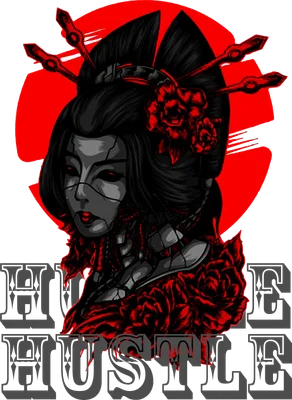 Hình ảnh Geisha phong cách cyberpunk với đôi mắt đỏ rực, tóc đen và trang phục đính hoa hồng đỏ.