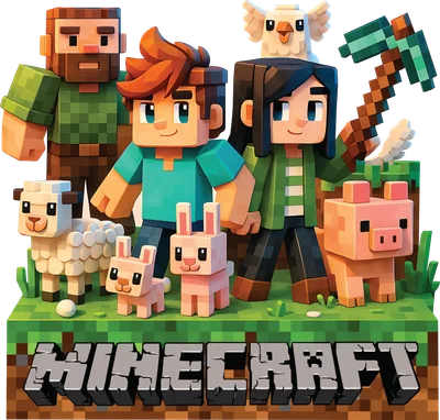 Nhóm nhân vật Minecraft gồm người lớn, trẻ em, cừu, lợn, thỏ và chim trên nền cỏ xanh.