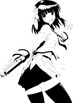 Hình ảnh cô gái anime tóc đen, đeo nơ, mặc đồng phục, cầm súng, phong cách chibi.