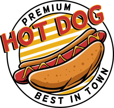 Logo hình tròn phong cách retro với bánh mì xúc xích hot dog và chữ Premium Hot Dog Best In Town