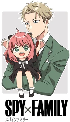 Hình vẽ Loid Forger và Anya Forger từ Spy x Family, Anya đang được Loid bế.