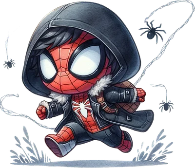 Hình ảnh Người Nhện chibi mặc áo khoác hoodie đen, chạy bộ với ba lô, xung quanh có nhện nhỏ và tơ nhện.