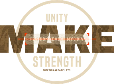 Hình in chữ Unity Make Strength với họa tiết rằn ri, vòng tròn và các dòng chữ phụ trên nền xám.