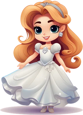 Hình vẽ công chúa hoạt hình dễ thương tóc vàng, váy trắng bồng bềnh, cài vương miện bạc, đang mỉm cười.
