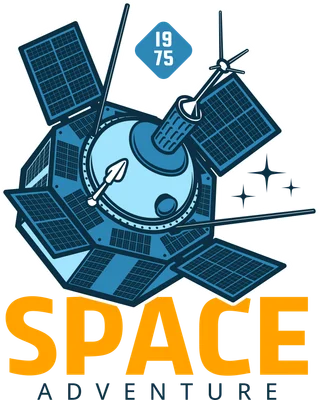 Hình minh họa vệ tinh không gian màu xanh dương với tấm pin mặt trời, có chữ 'SPACE ADVENTURE' màu cam và '1975' trên nền xám.
