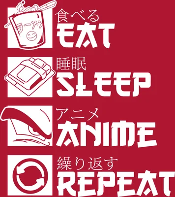 Thiết kế Eat Sleep Anime Repeat với biểu tượng mì ramen, giường ngủ, mắt anime và vòng lặp tái chế.
