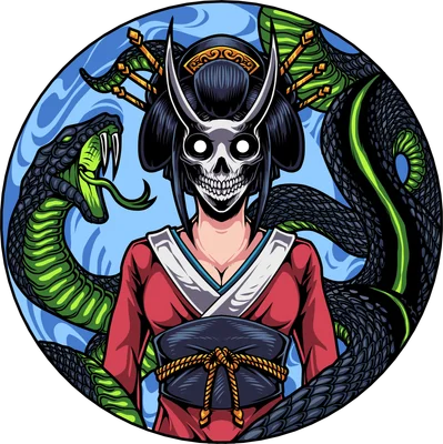 Hình ảnh Geisha đội mặt nạ đầu lâu, bao quanh bởi rắn độc, phong cách nghệ thuật Nhật Bản.