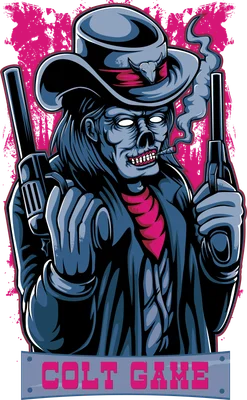 Hình ảnh minh họa cướp biển zombie đội mũ cao bồi, hút thuốc lá và cầm hai khẩu súng lục, với hiệu ứng khói và nền màu hồng nổi bật.