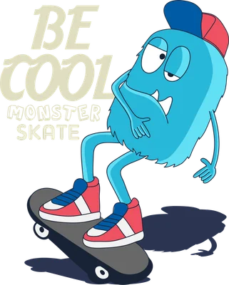 Hình minh họa quái vật màu xanh dương đang trượt ván với dòng chữ Be Cool Monster Skate