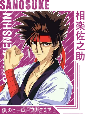 Hình vẽ nhân vật anime Sannosuke với tóc nâu, băng đô đỏ, áo trắng và tím, tay nắm chặt.