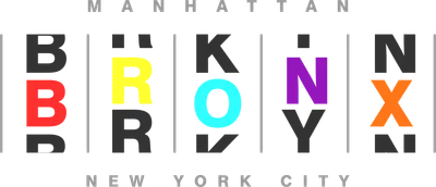 Chữ BROOKLYN cách điệu với các chữ cái màu sắc khác nhau trên nền xám, có chữ MANHATTAN và NEW YORK CITY.