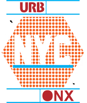 Hình in chữ NYC lớn màu trắng, nền chấm tròn cam, với các từ URBAN, BRONX, BROOKLYN, New York trên nền xám.