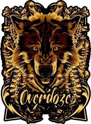 Hình ảnh chó sói vàng đen với biểu cảm hung dữ, bao quanh bởi họa tiết Gothic và chữ 'Overdoze'