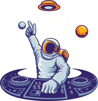 Hình minh họa phi hành gia mặc đồ trắng cam đang DJ trên bàn mixer màu xanh tím trong không gian với UFO và các hành tinh.