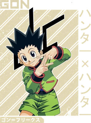 Hình ảnh nhân vật Gon Freecss từ anime Hunter x Hunter, mặc áo xanh lá, tạo dáng hai ngón tay.