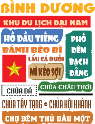 Hình minh họa các địa danh, món ăn và điểm đến nổi tiếng của Bình Dương với chữ in đậm nhiều màu sắc và cờ Việt Nam.
