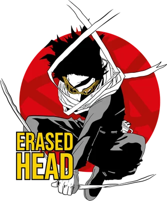 Hình vẽ nhân vật anime Erased Head với kính vàng, tóc đen, trang phục tối màu, ngồi xổm, có chữ 'ERASED HEAD' màu vàng.