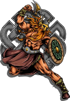 Hình minh họa chiến binh Viking cầm rìu và khiên tròn với họa tiết cổ điển