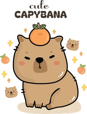 Hình vẽ hoạt hình capybara dễ thương màu nâu đội quả quýt trên đầu, xung quanh có các ngôi sao và capybara nhỏ.