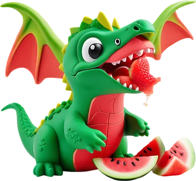 Hình ảnh rồng hoạt hình màu xanh lá cây dễ thương đang ăn dưa hấu, với những lát dưa hấu xung quanh.