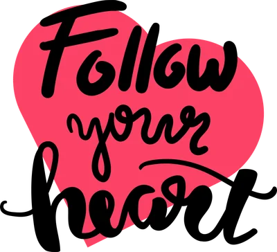 Hình ảnh chữ 'Follow Your Heart' viết tay màu đen trên nền trái tim màu hồng neon và nền xám.