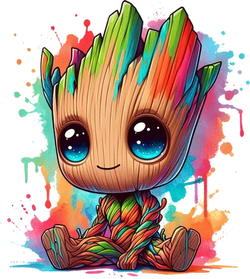 Groot chibi đáng yêu, thân cây màu sắc rực rỡ, phong cách hoạt hình