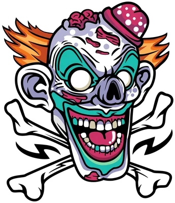 Hình minh họa chú hề zombie đáng sợ với xương chéo, phong cách hoạt hình vector