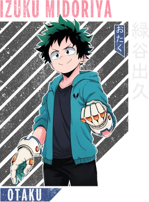 Hình vẽ nhân vật Izuku Midoriya từ anime My Hero Academia, mặc áo hoodie xanh, đeo găng tay đặc trưng, biểu cảm tự tin.
