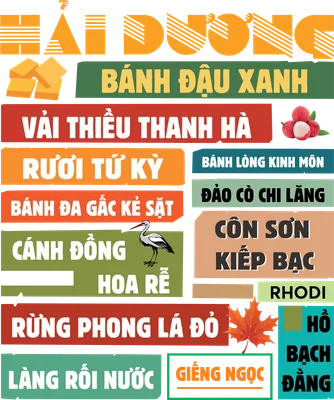 Hình ảnh tổng hợp các đặc sản, địa danh nổi tiếng của Hải Dương như bánh đậu xanh, vải thiều, rươi, Côn Sơn Kiếp Bạc, với các biểu tượng minh họa.