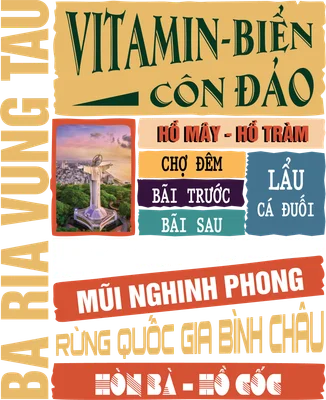 Thiết kế đồ họa với các địa danh du lịch nổi tiếng Bà Rịa Vũng Tàu và Côn Đảo, kèm hình ảnh Tượng Chúa Kitô Vua.