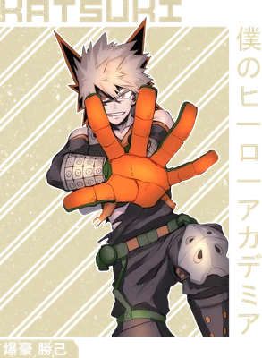 Hình ảnh nhân vật anime Katsuki Bakugo từ My Hero Academia, giơ bàn tay màu cam về phía trước, với chữ tiếng Nhật.