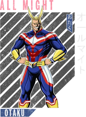 Hình ảnh All Might, nhân vật anh hùng cơ bắp trong trang phục xanh đỏ vàng, đứng tạo dáng mạnh mẽ.