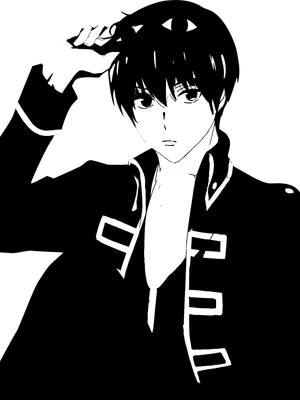 Hình vẽ anime chàng trai tóc đen, mặc áo khoác, tay chạm mũ, biểu cảm nghiêm túc.