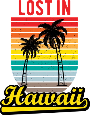 Hình ảnh đồ họa phong cách retro với hai cây dừa đen, nền sọc màu hoàng hôn và chữ 'LOST IN Hawaii'.