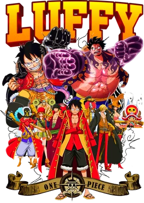 Hình ảnh tập hợp các nhân vật trong One Piece, nổi bật là Luffy với các hình dạng sức mạnh, cùng các thành viên khác của băng Mũ Rơm.