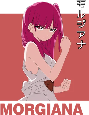 Hình ảnh nhân vật anime Morgiana với mái tóc hồng, trang phục trắng, biểu cảm quyết tâm.