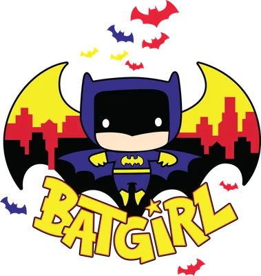 Hình ảnh Batgirl chibi dễ thương với đôi cánh dơi và cảnh thành phố, chữ Batgirl nổi bật.