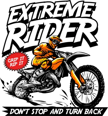 Hình ảnh minh họa tay đua motocross đội mũ bảo hiểm màu cam đang điều khiển xe địa hình trên nền xám với chữ 'EXTREME RIDER'.