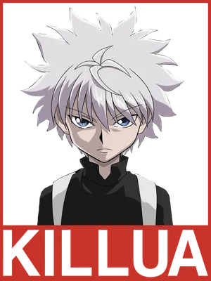 Hình vẽ nhân vật Killua Zoldyck từ anime Hunter x Hunter, tóc trắng, mắt xanh, mặc áo đen, có chữ KILLUA bên dưới.