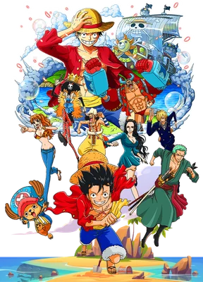 Hình ảnh nhóm Thủy Thủ Mũ Rơm từ One Piece với Monkey D. Luffy dẫn đầu, trên nền biển và bầu trời.