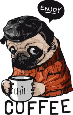 Chú chó Pug đội mũ, mặc áo len ấm áp thưởng thức cà phê chill
