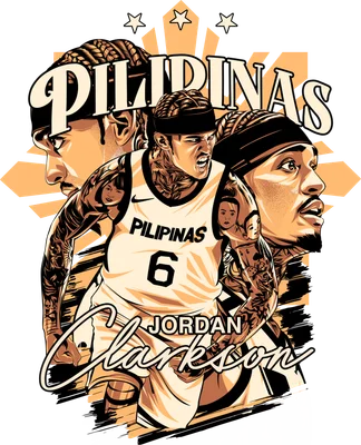 Hình ảnh Jordan Clarkson mặc áo số 6 "Pilipinas" với biểu cảm mạnh mẽ, có hình ảnh anh ấy từ nhiều góc độ và chữ "Pilipinas" phía trên.