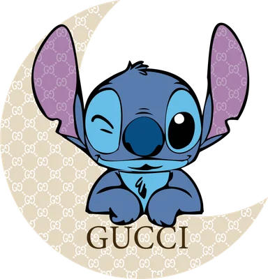 Hình ảnh Stitch nháy mắt, đội mũ tai tím, trên nền trăng lưỡi liềm với họa tiết Gucci và chữ Gucci.