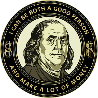 Hình minh họa chân dung Benjamin Franklin trong khung tròn với dòng chữ truyền cảm hứng về tiền bạc