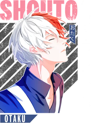 Hình ảnh chàng trai anime với mái tóc trắng và đỏ, mắt nhắm, biểu cảm trầm tư, mặc áo khoác xanh có sọc trắng.